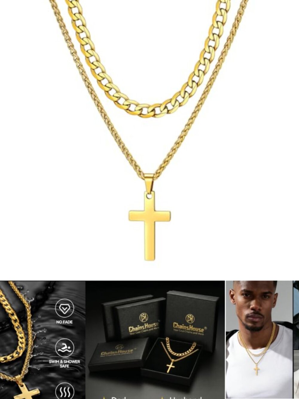Mens Stainless Steel Layered Cross Necklace Set Cuban Chain